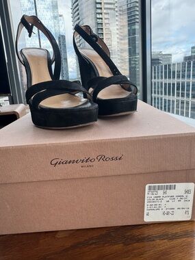 Gianvito Rossi Black Suede Platform Slingback Sandals size 37.5